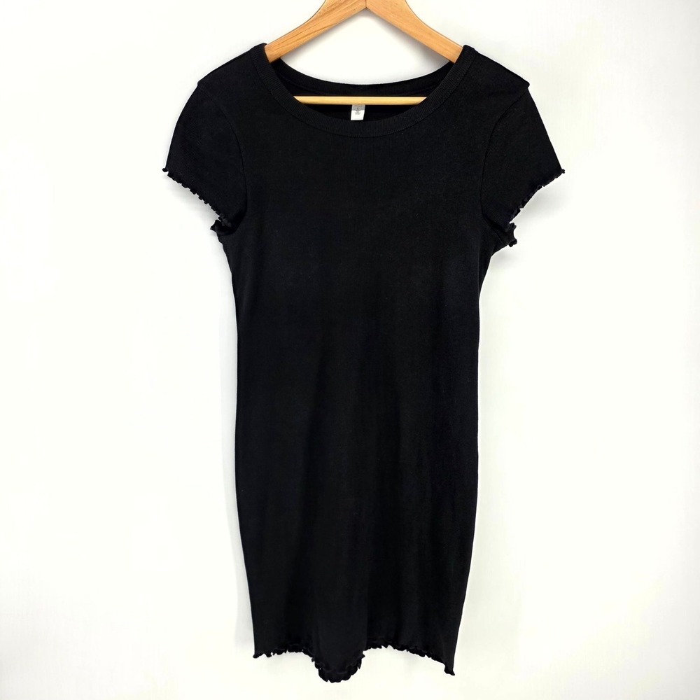 BP. Ribbed Mini Dress Womens Large Black Lettuce Edge Bodycon Short Sleeve